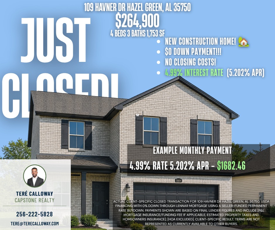 Brand-new 4-bedroom, 3-bath home in Hazel Green, Alabama, sold by Teré Calloway of Capstone Realty