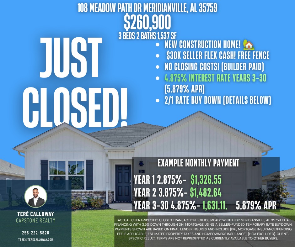 Brand-new 3-bedroom home in Meridianville, Alabama, sold by Teré Calloway of Capstone Realty