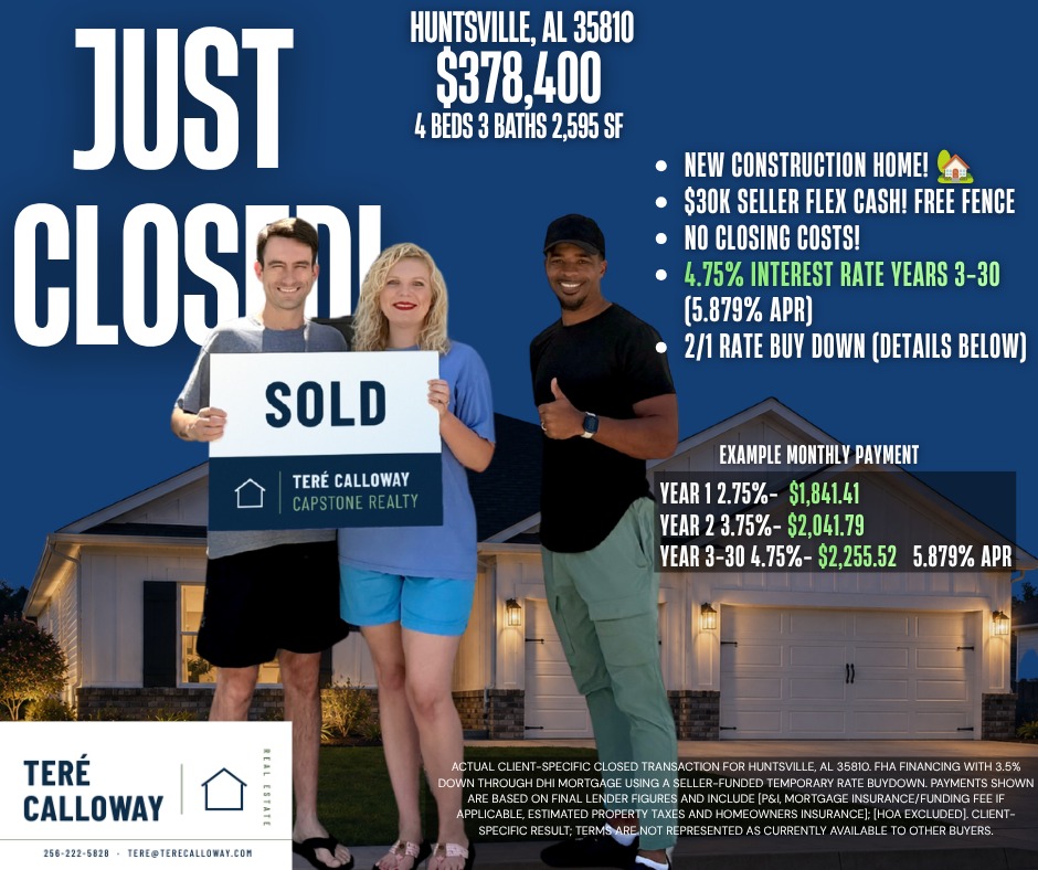Haley and Austen hold a SOLD sign next to Teré Calloway outside their brand-new home in Huntsville, Alabama