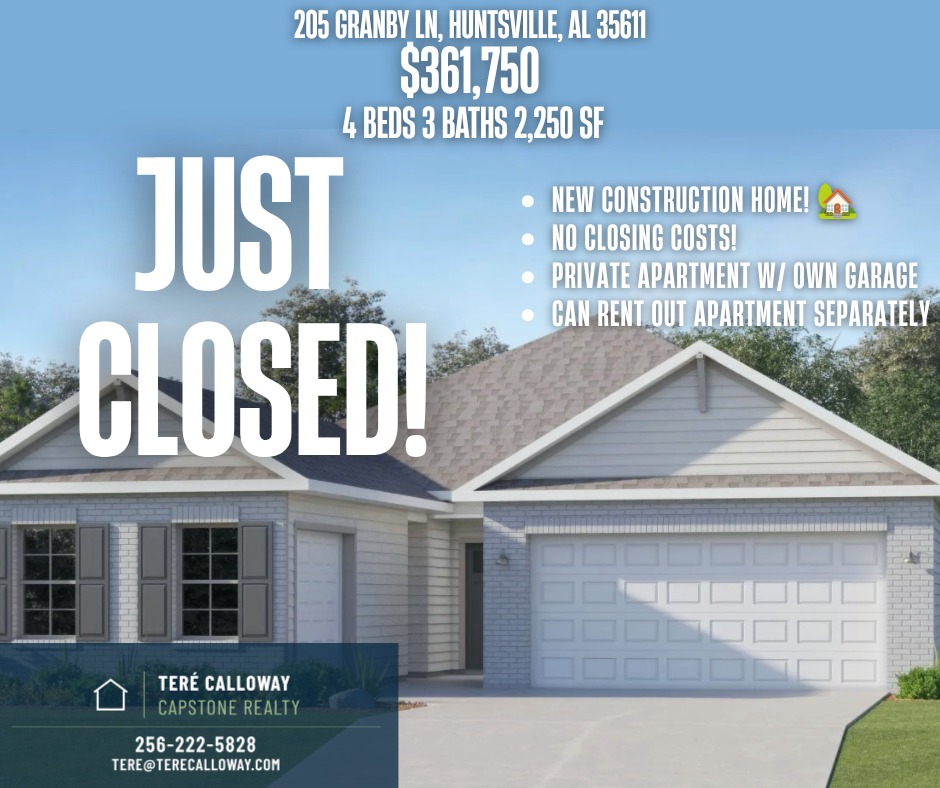 Brand-new 4-bedroom home in Huntsville, Alabama, with a private apartment, sold by Teré Calloway of Capstone Realty