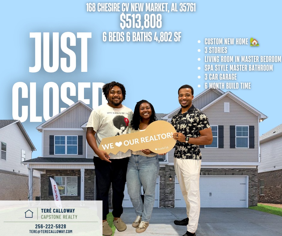 Brand-new three-story, 6-bedroom home with a three-car garage in New Market, Alabama, sold by Teré Calloway of Capstone Realty