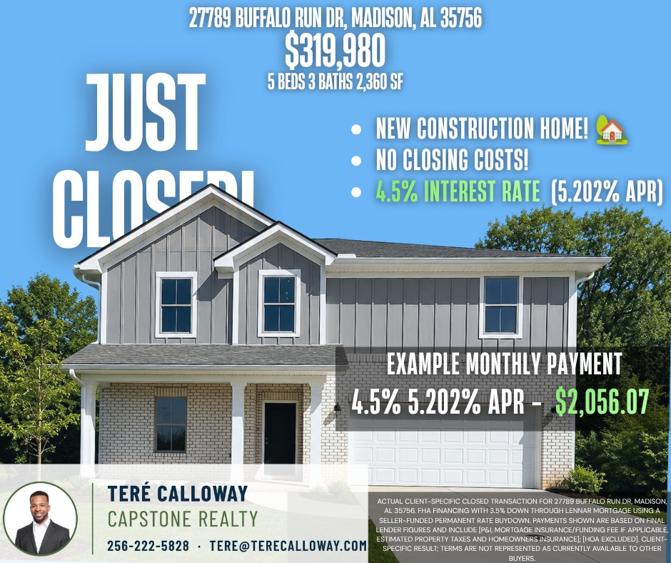Brand-new 5-bedroom home in Madison, Alabama, sold by Teré Calloway of Capstone Realty