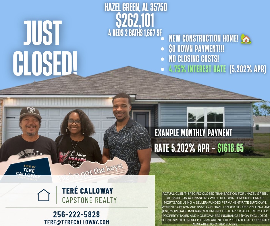 Ricky and Tamika hold a "Sold by Teré Calloway" key with Teré outside their brand-new home in Hazel Green, Alabama