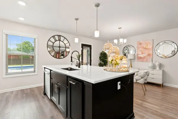 Quartz island — and yes, that's the pool out the window